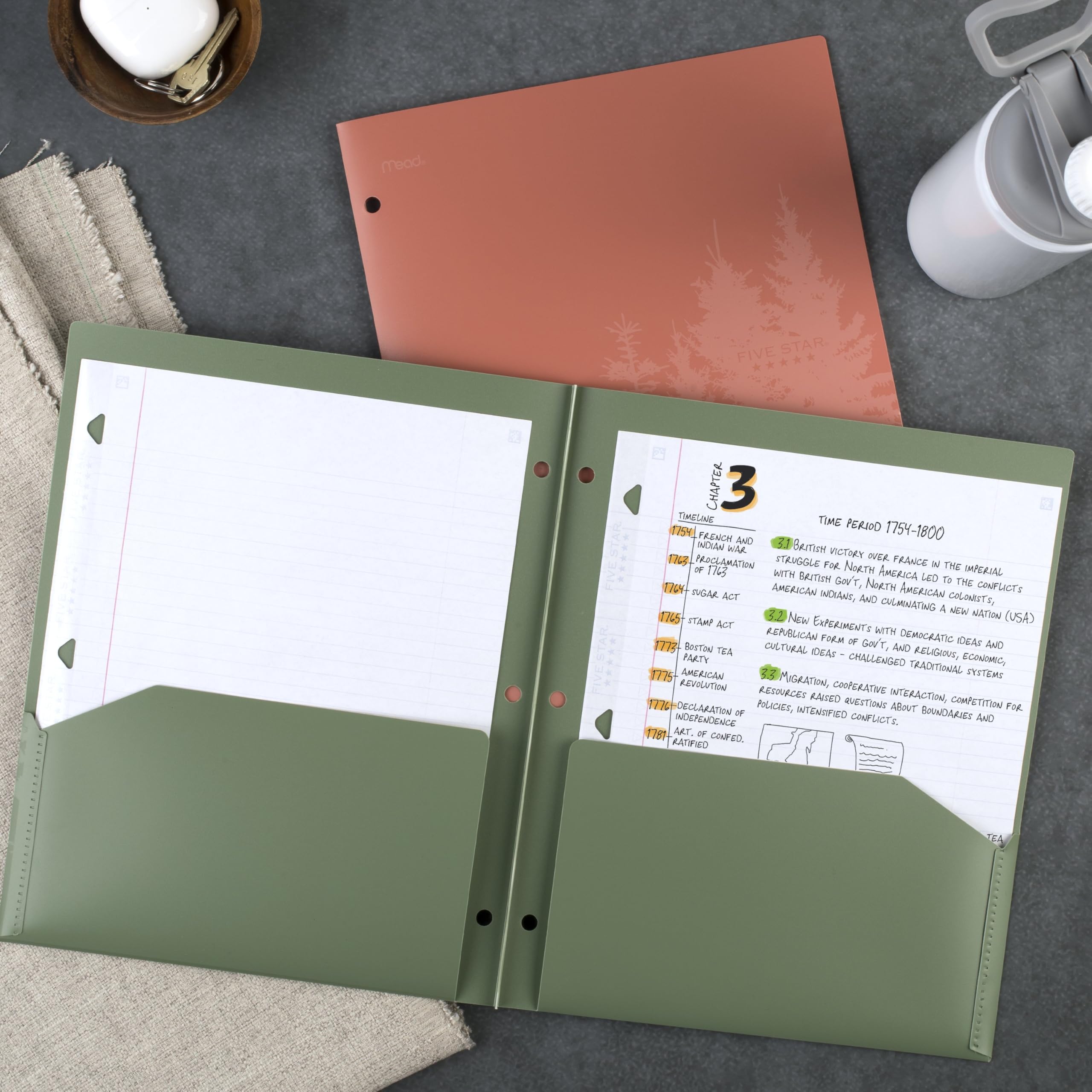 Five Star 2 Pocket Folders, 4 Pack, Recycled Plastic Folders with Stay-Put Tabs and Prong Fasteners, Fits 3-Ring Binder, Holds 11” x 8-1/2” Paper, Writable Label, Clay, Green, Blue, Gray (33002) - Image 6