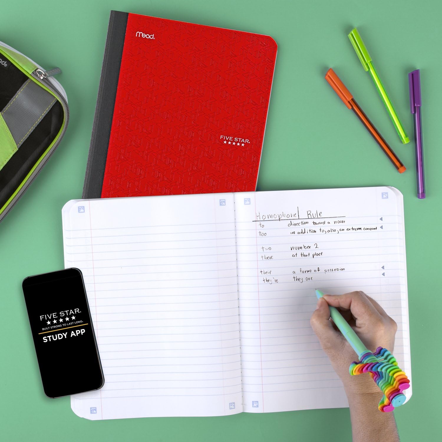Five Star Composition Book + Study App, 4 Pack, Wide Ruled Paper, 7-1/2" x 9-3/4", 80 Sheets, Forest Green, Tidewater Blue, Fire Red and Harvest Yellow (950033B-ECM) - Image 9