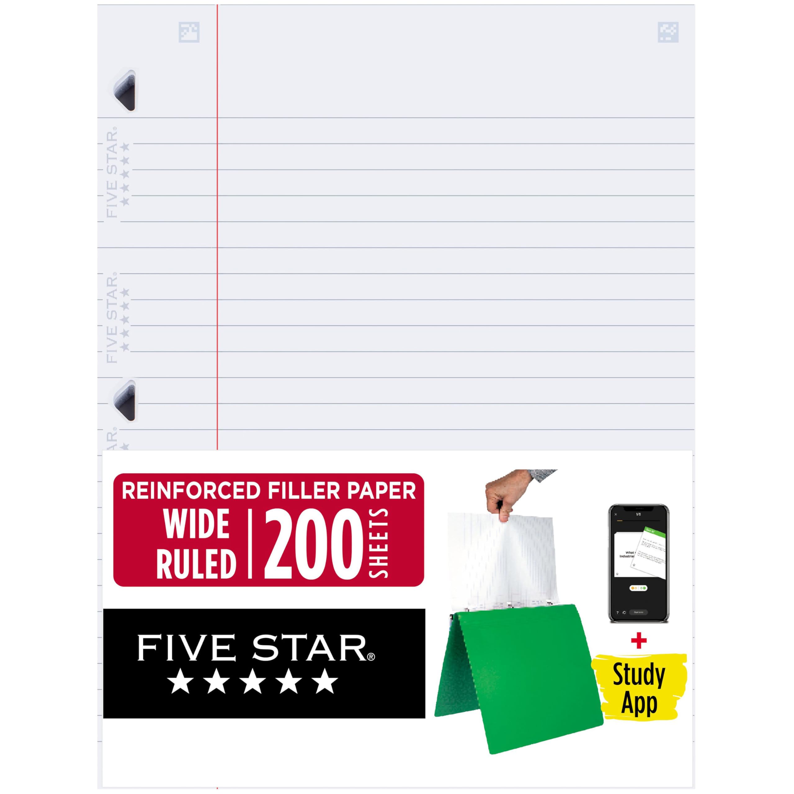 Five Star Loose Leaf Paper + Study App, Wide Ruled Filler Notebook Paper, Reinforced, Fights Ink Bleed, 8" x 10-1/2", 200 Sheets (150039) - Image 7