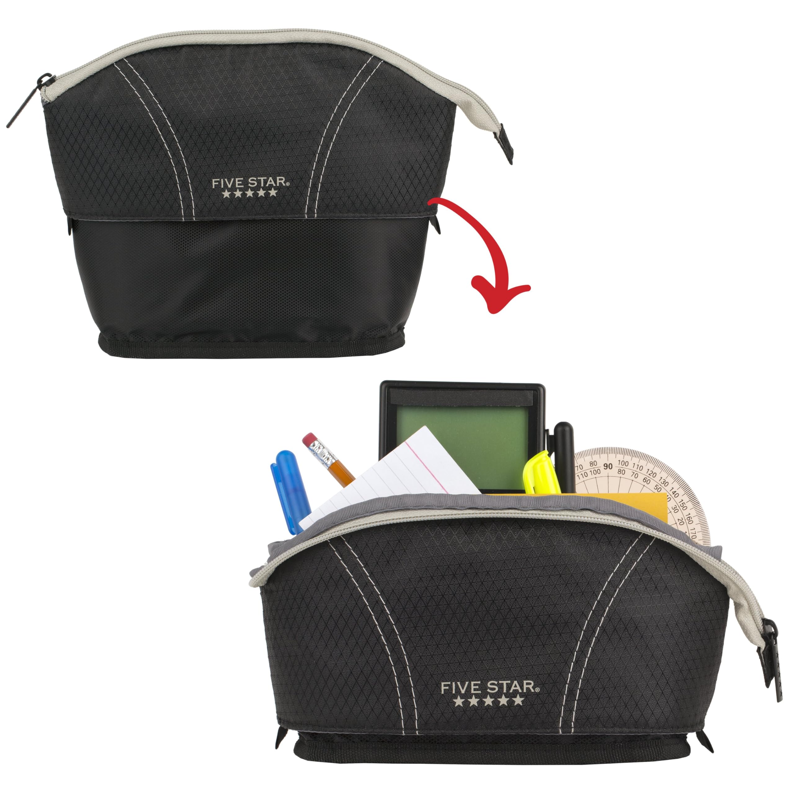 Five Star Pencil Pouch, Pen Case, Quick View Expandable Zipper Pouch, Storage Organizer for School Supplies Earbuds Chargers Cables Makeup, Black/Grey (507610A-ECM) - Image 3