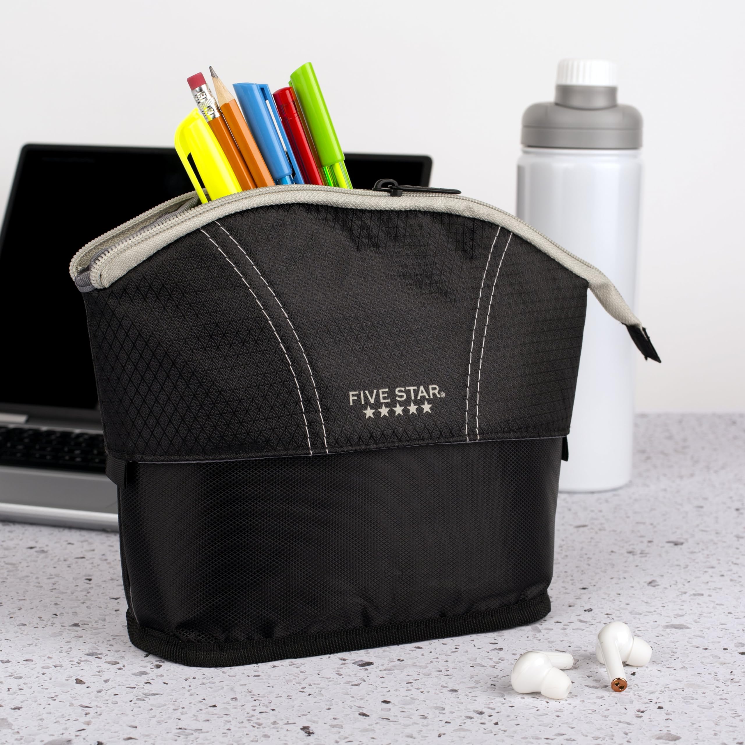 Five Star Pencil Pouch, Pen Case, Quick View Expandable Zipper Pouch, Storage Organizer for School Supplies Earbuds Chargers Cables Makeup, Black/Grey (507610A-ECM) - Image 6