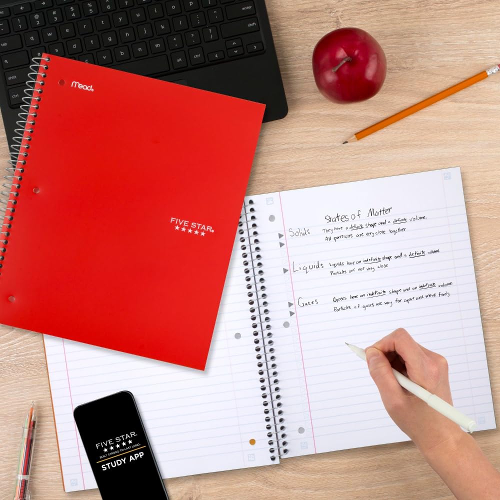 Five Star Spiral Notebook + Study App, 3 Pack, 3 Subject, Wide Ruled Paper, 8" x 10-1/2", Tidewater Blue, Fire Red, Black (930081) - Image 7