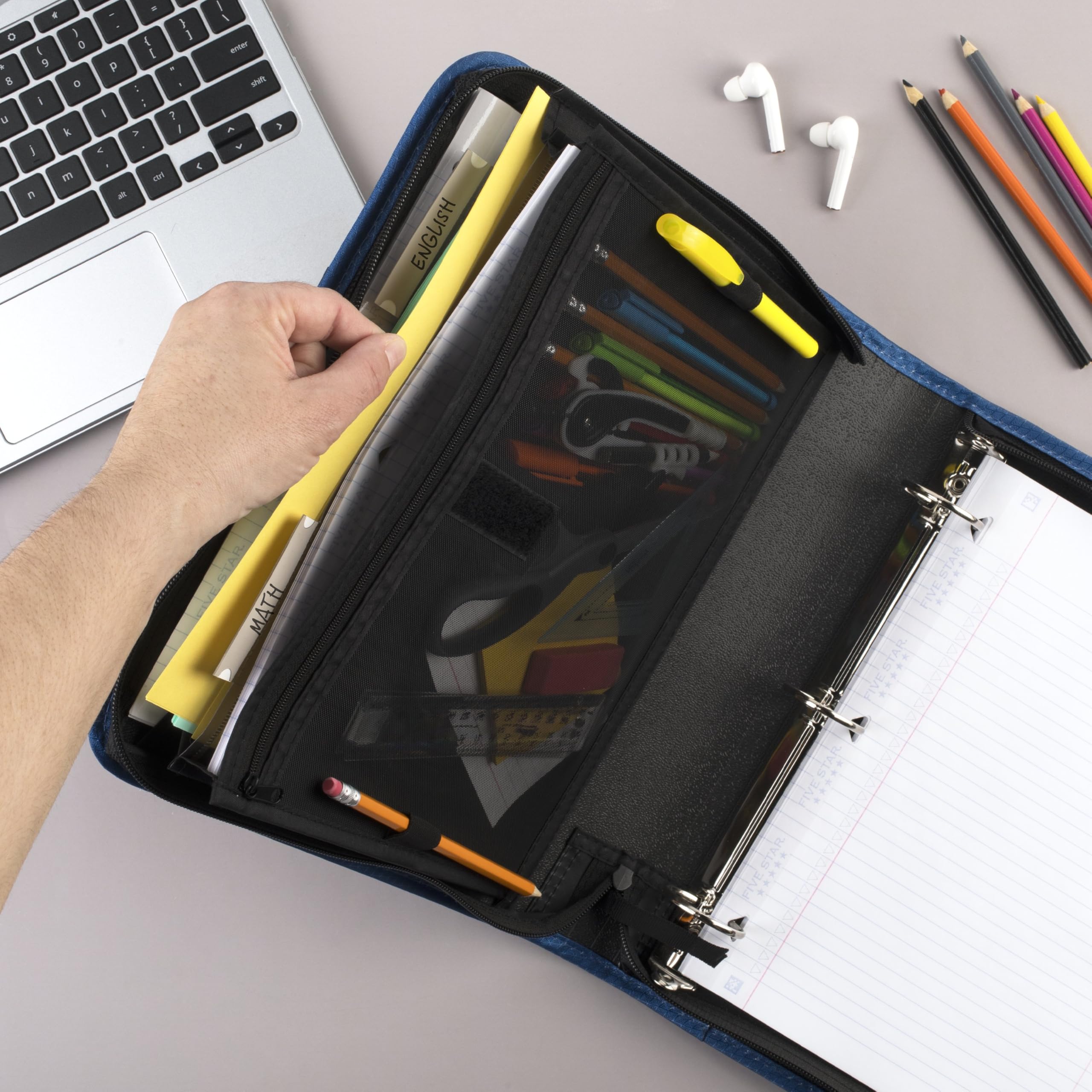 Five Star Zipper Binder, 1-1/2 Inch 3-Ring Binder with Round Rings, 3-Pocket Expanding File, 500 Sheet Capacity, Blue (72202) - Image 4